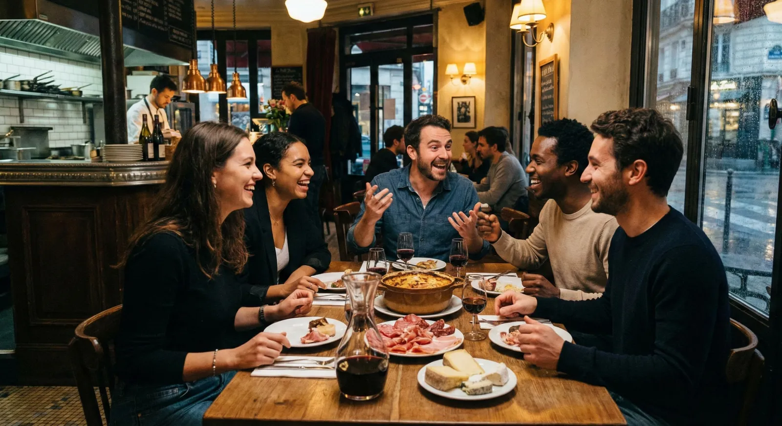 Fünf Menschen sitzen lachend an einem Bistrotisch am Fenster, davor Wein, Brot und geteilte Vorspeisen.